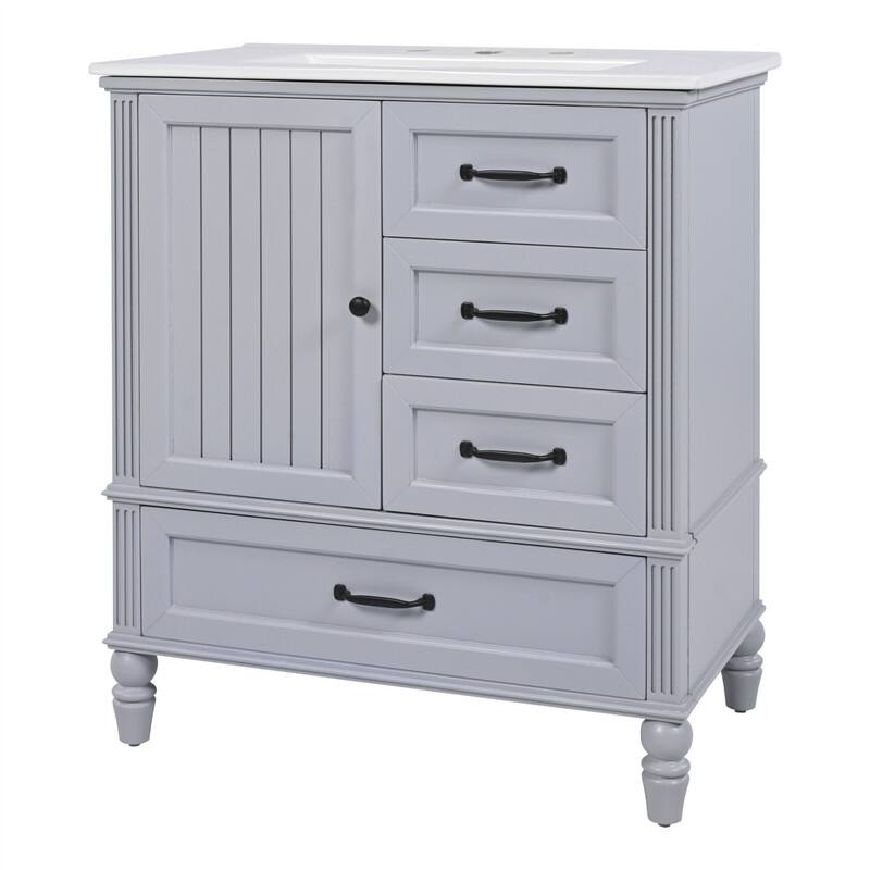 30" Bathroom Vanity with Ceramic Sink Combo, Freestanding Bathroom Vanity Cabinet with 1 Door and 3 Storage Drawers