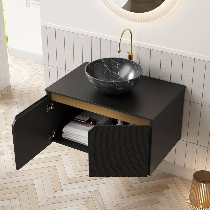 GDFStudio - Ruben Modern Floating Bathroom Vanity with Twill Double Doors, Metal Trim & Black Sintered Stone Countertop