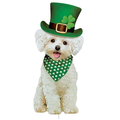 Realistic Bichon Frisé St. Patrick's Day Outdoor Garden Stake - 9.87 x 28.5 x 0.25