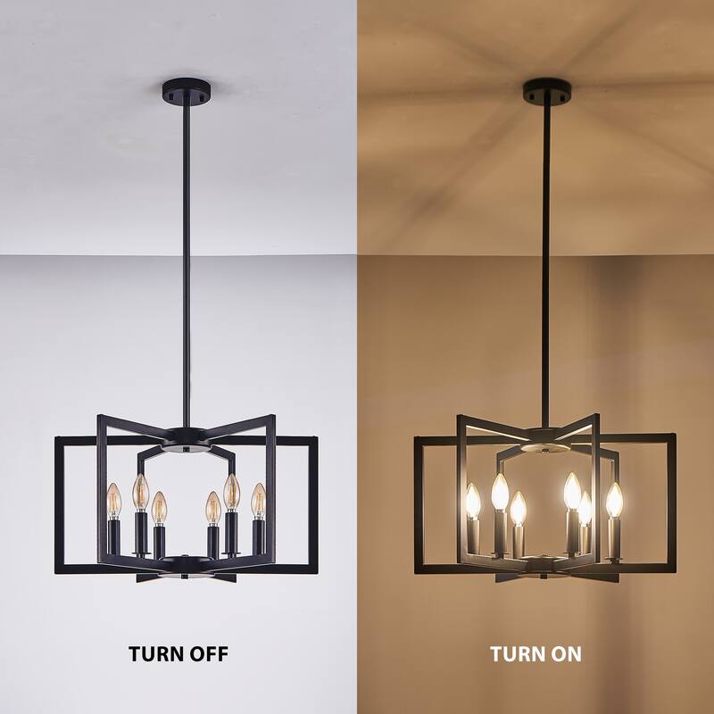 22" Modern Black Geometric 6-Light Chandelier, Metal Pendant Light Fixture for Living Room, Dining Room(Bulb Not Included)