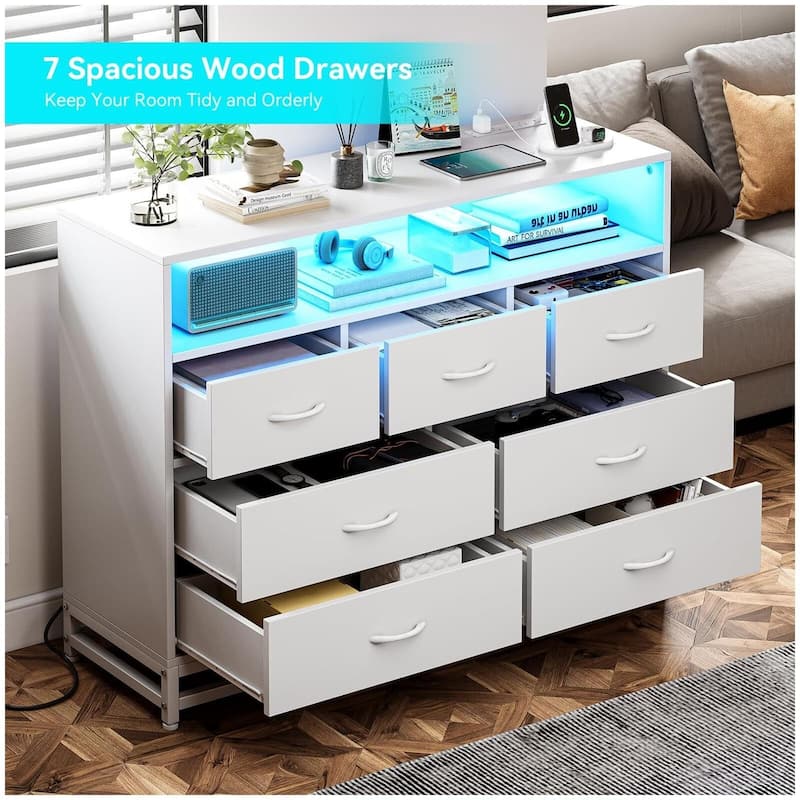 Modern 7-Drawer Dresser with Charging Station and LED Lights