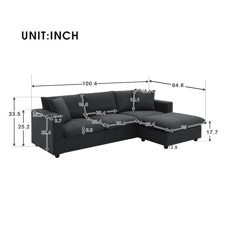 100.4" L-shaped Triple Sofa with Two Throw Pillows