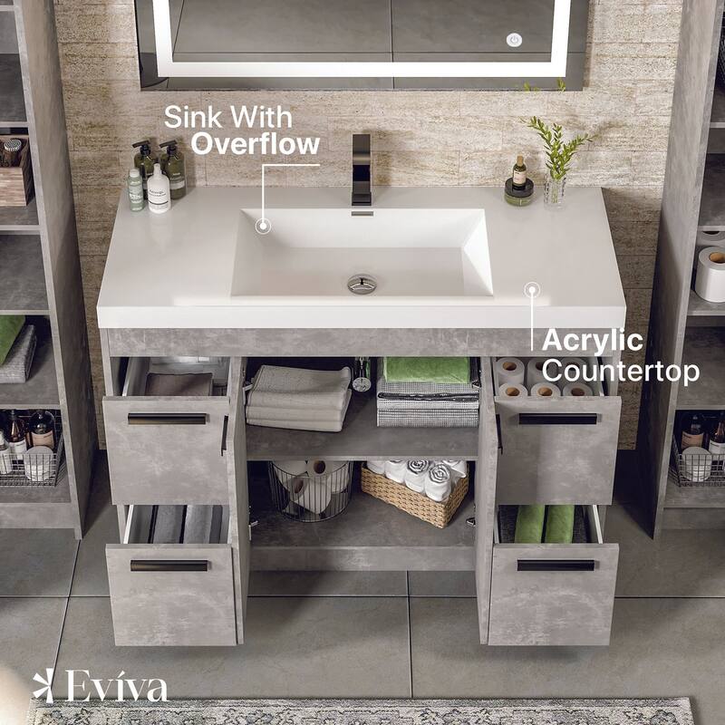 Eviva Lugano 42"W Cement Gray Modern Bath Vanity with WH Acrylic Top - 42"