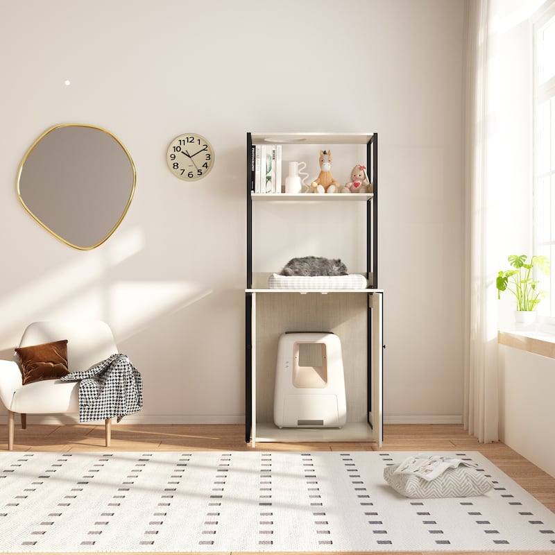 Modern Multipurpose Cat Litter Box Furniture Cabinet,2 Wood Frame.