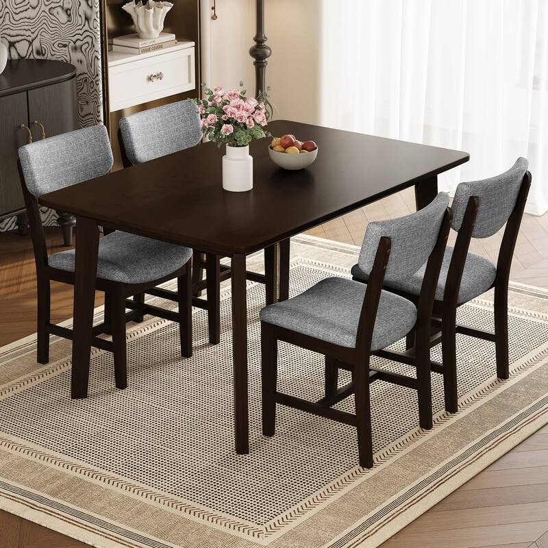 5-Piece Dining Set, Rustic Wood Table and 4 Upholstered Chairs - Espresso