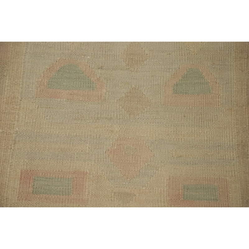 Hand Woven Oriental 100% Wool Carpet Southwestern Tribal Beige & Ivories Kilim Runner Rug - 6' 5'' X 2' 3''
