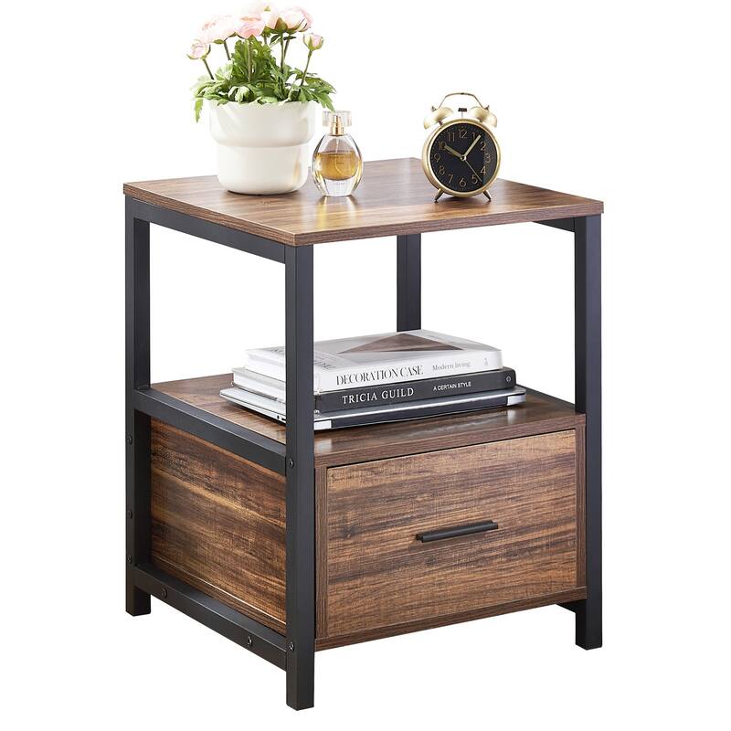 VECELO Square Brown Nightstand, Dresser for Bedroom with Drawer, Bedside Table Night Stand End Table for Bedroom