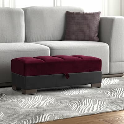 HomeRoots 52" Burgundy Black and Brown Faux Leather And Microfiber Tufted Storage Ottoman