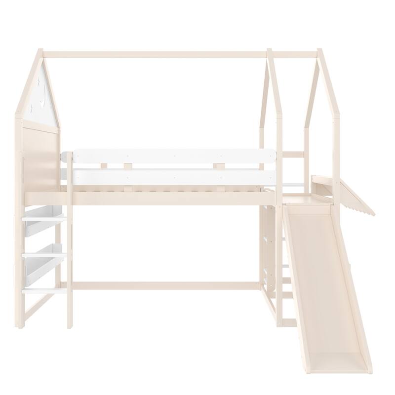 Starry Moon Kids Bed Frame Full Size Bunk Bed House Loft Bed with Built-in Bookshelves, Ladders and Reversible Slide for Playful