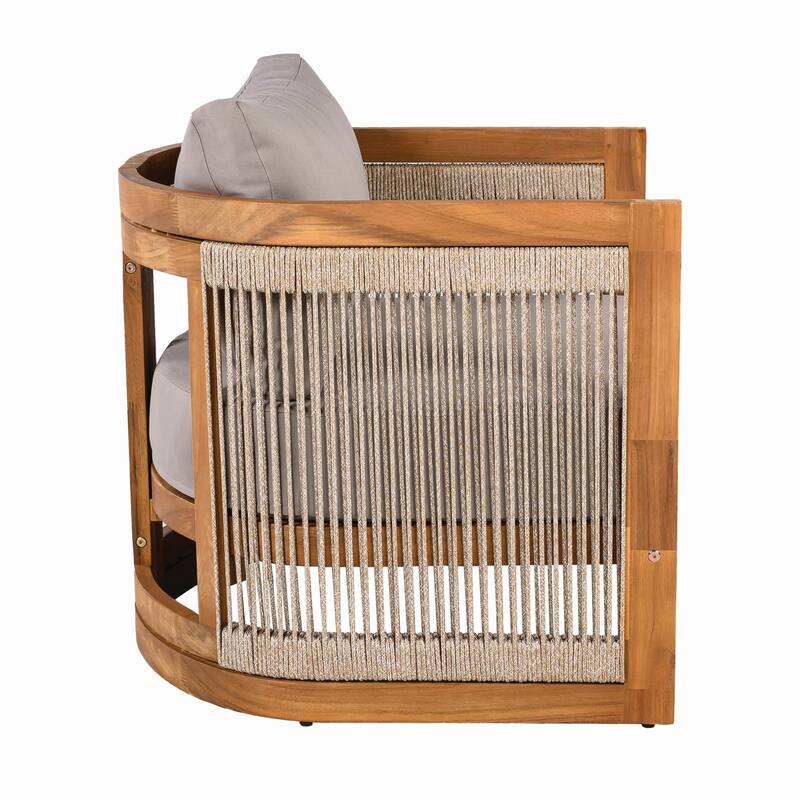 Set of 2 Outdoor Wood Curved Club Chairs with Woven Rope and Cushions