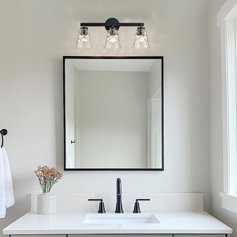 Matte Black 3-Light 22 in. Vanity Light with Hammered Clear Glass Shades - Matte Black