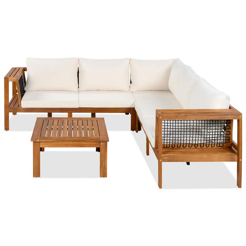 Roomfitters 4-Piece Outdoor Sectional Sofa Set with Coffee Table and Built-in Side Shelves, Wood Frame