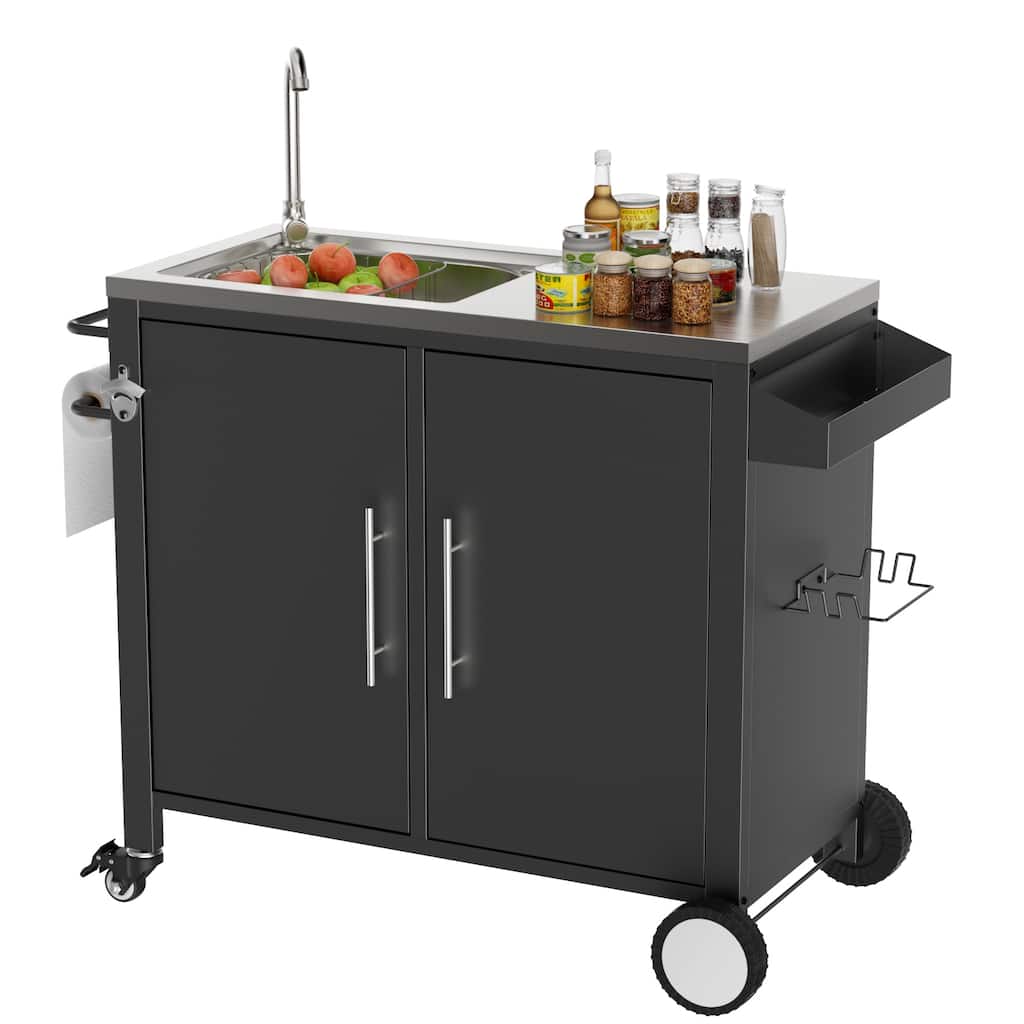 Outdoor Grill Table with Sink, Grill Cart with 304 Stainless Steel Sink and Cabinet, Outdoor Grill Cart