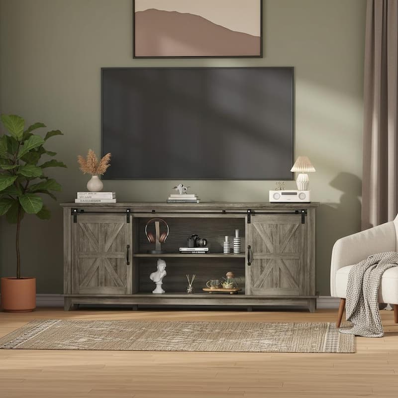 TV Stand with Two Barn Doors and Storage Cabinets - Light Grey