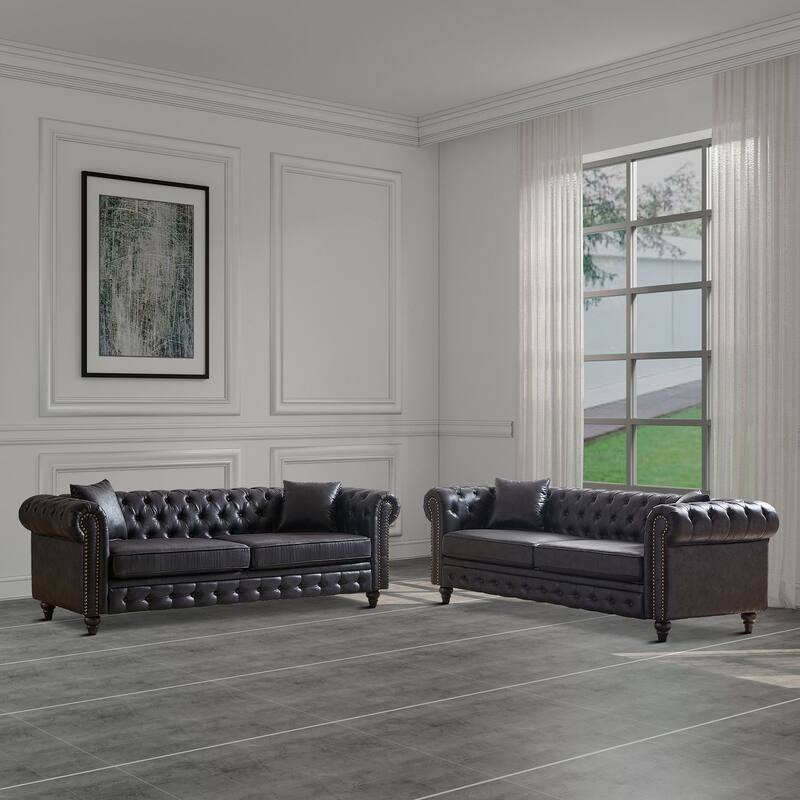 Mid-century retro style 2-piece sofa set for living room mall parlor - Black 3 Seater Sofa+Black 3 Seater Sofa