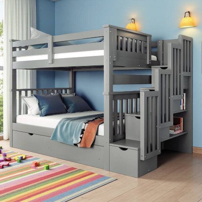 Full Size Wood Bunk Bed with Drawers, Open Shelving & Staircase, No Box Spring Needed - Gray