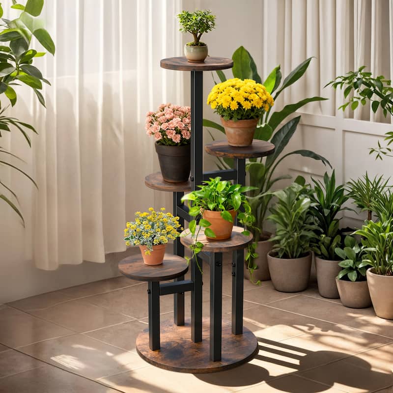 Iron Wood 5-Tier Plant Stand Round Corner Flower Shelf Indoor Outdoor