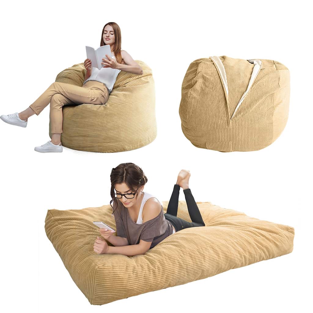 Giant Corduroy Bean Bag Chair & Bed, Convertible Folds from Lazy Chair to Floor Mattress Bed