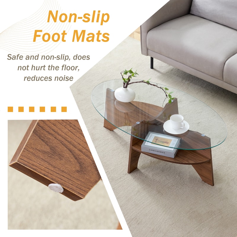 GDFStudio Elowen Tempered Glass Coffee Table with Wood Legs and Multi-Functional Design