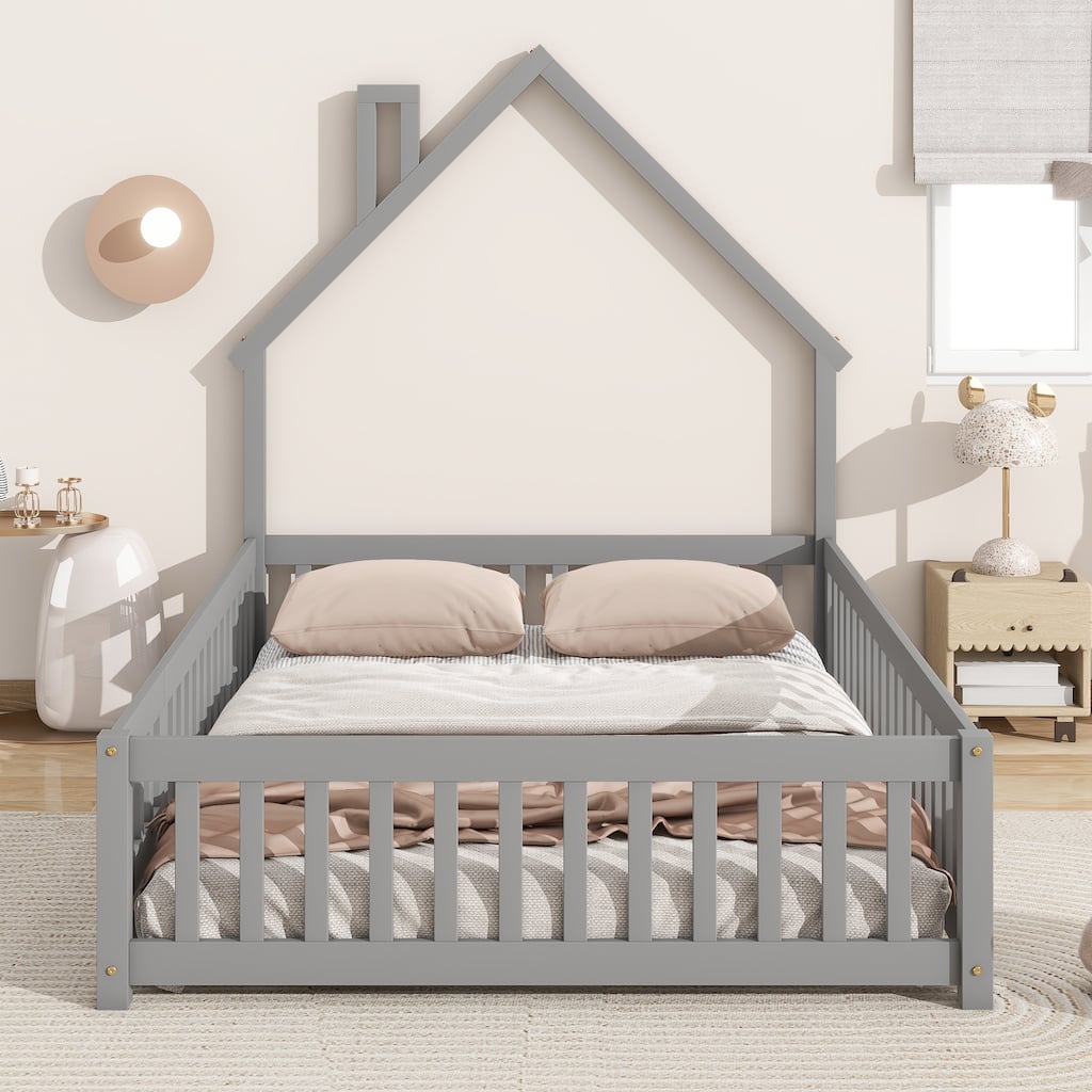 Full House-Shaped Headboard Floor Bed with Fence