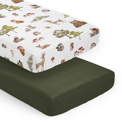 Sweet Jojo Designs Woodland Forest Animals Boy Girl Gender Neutral 2 Pack Fitted Crib Sheets Solid Dark Green and Animal Friends