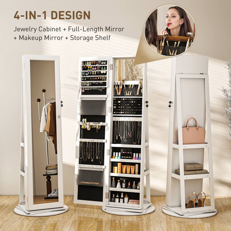 Full-Length Mirror Jewelry Cabinet Rotating Base With Storage - 21.7" W x 21.7" D x 63.4" H