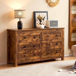 54 Inch Rustic Brown Farmhouse Wood Dresser with 6 Drawers, Vintage ...