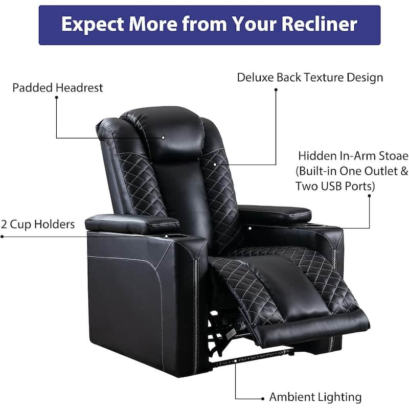 Electric Power Recliner Chairs with USB Ports and Cup Holders Faux Leather Home Theater Seating Recliner with Hidden Arm Storage