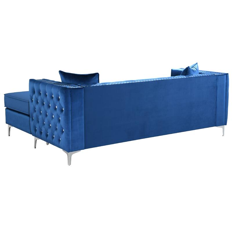 Tufted Velvet Sectional Sofa with Throw Pillows - 87" - Blue