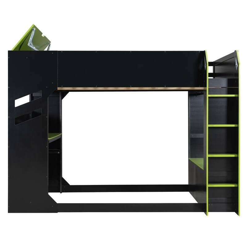 Full Size Wood Loft Bed with Height-adjustable Desk, Drawers,Storage Compartments, Hanging Rod and RGB Lights