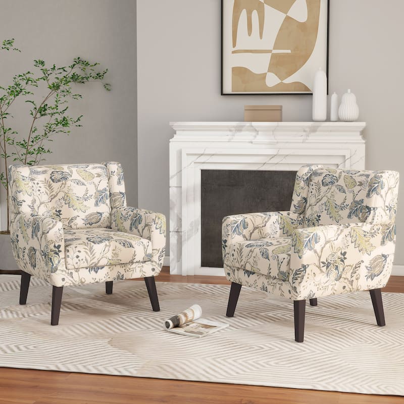 Modern Upholstered Faux Leather Tufted Armchair Linen Accent Chairs - Set of 2 Chairs - Pattern Leaf/Linen