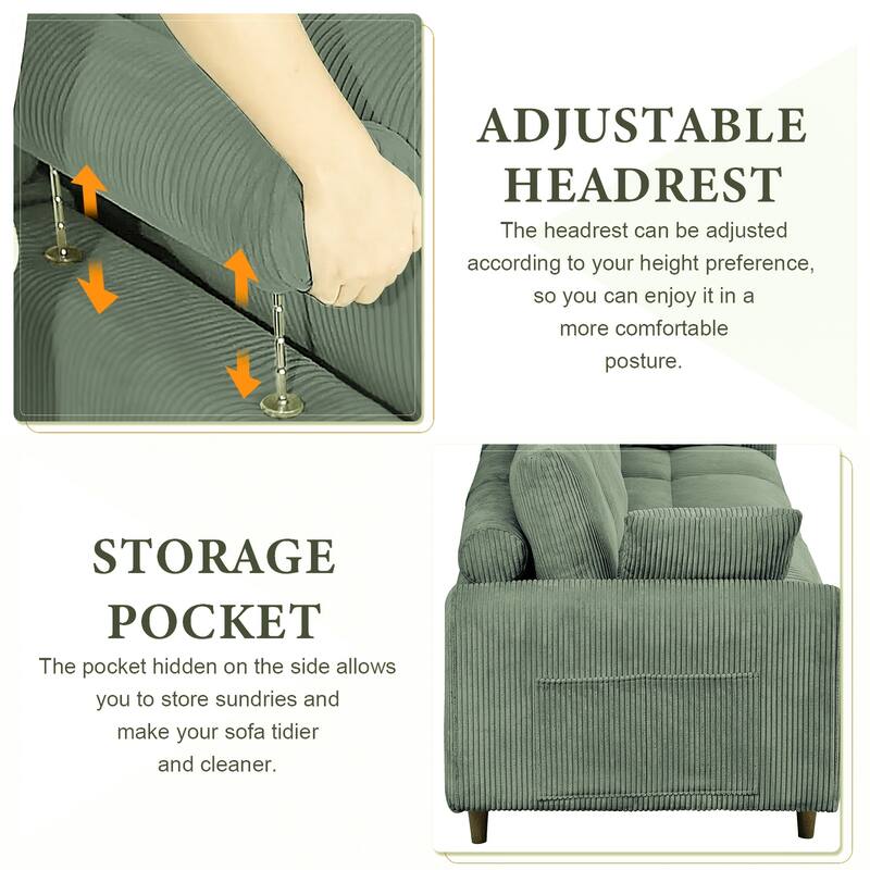 Olive Green Corduroy 6 - seat Modular Sectional Sofa with Adjustable Head Pillow and Storage Bags