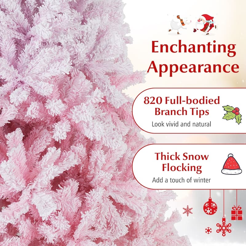 Gymax Artificial Christmas Tree Hinged Snow Flocked Xmas Tree w/ Lush - Pink, White
