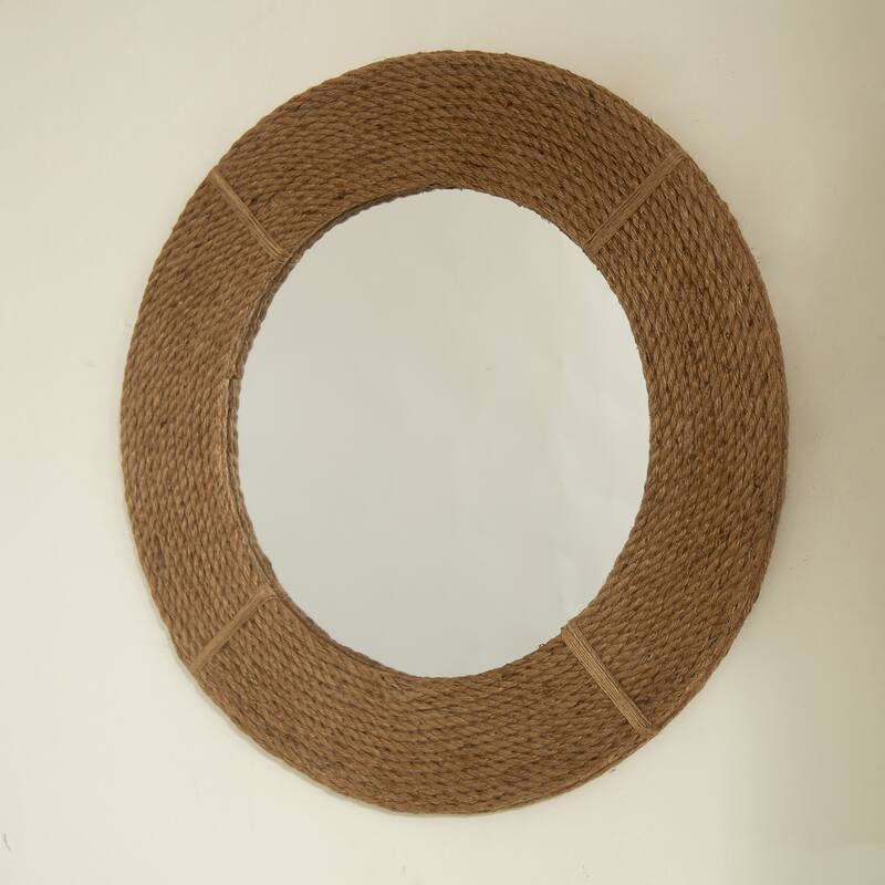Breeza Hemp Hand-Woven Bamboo Circle Mirror - Earth Yellow, Bathroom, Bedroom - Silver