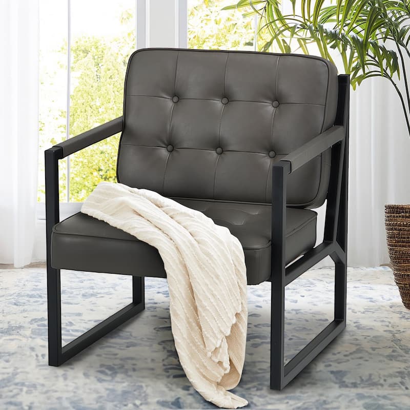 Leather Accent Chair, Accent Arm Chair Comfy Armchair with Metal Legs - Set of 1