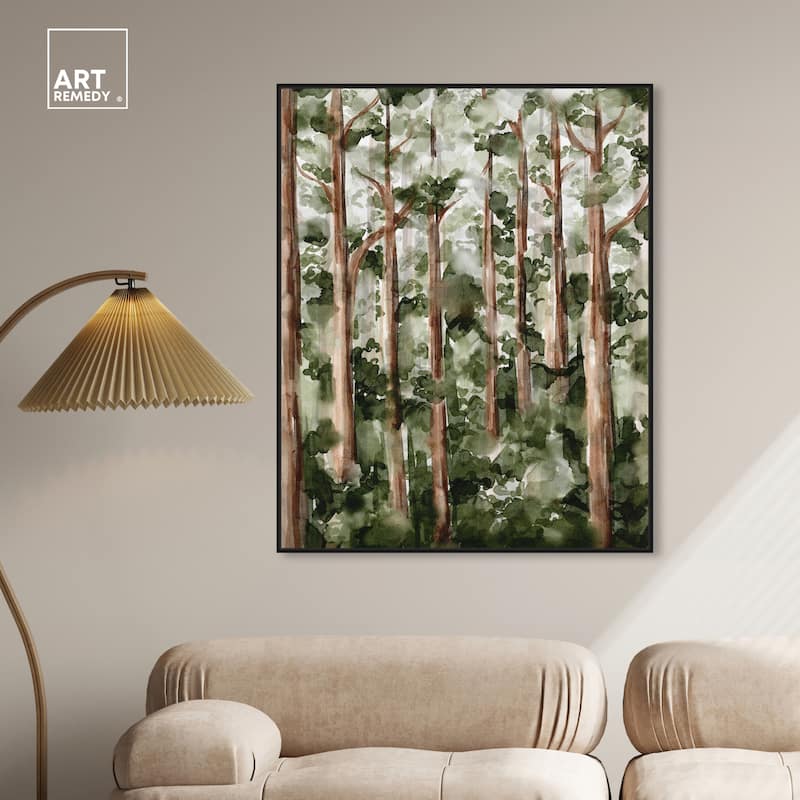 Art Remedy Wildy Forest Framed Landscape 1 Piece Canvas Wall Art Watercolor Style