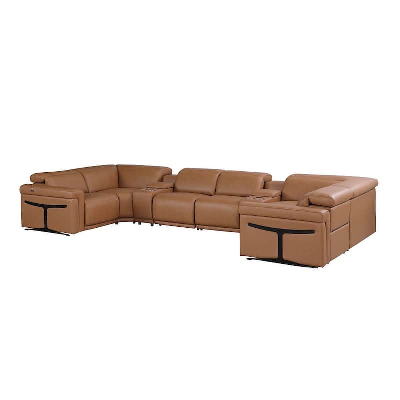 HomeRoots Chestnut Italian Leather Power Reclining U Shaped Eight Piece Sectional With Console