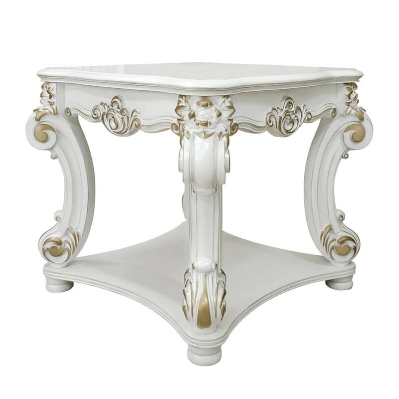 31 in. White and Gold Square Wood End Table, Sturdy Build End Side Table for Living Rooms