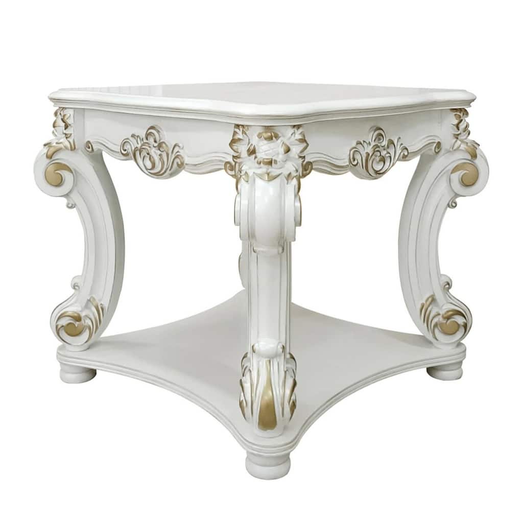 31 in. White and Gold Square Wood End Table, Sturdy Build End Side Table for Living Rooms
