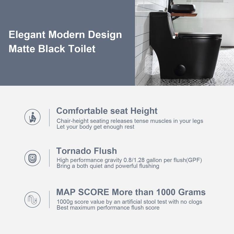 HOROW One-piece 0.8/1.28 GPF Dual Flush Elongated Toilet in Black Seat Included