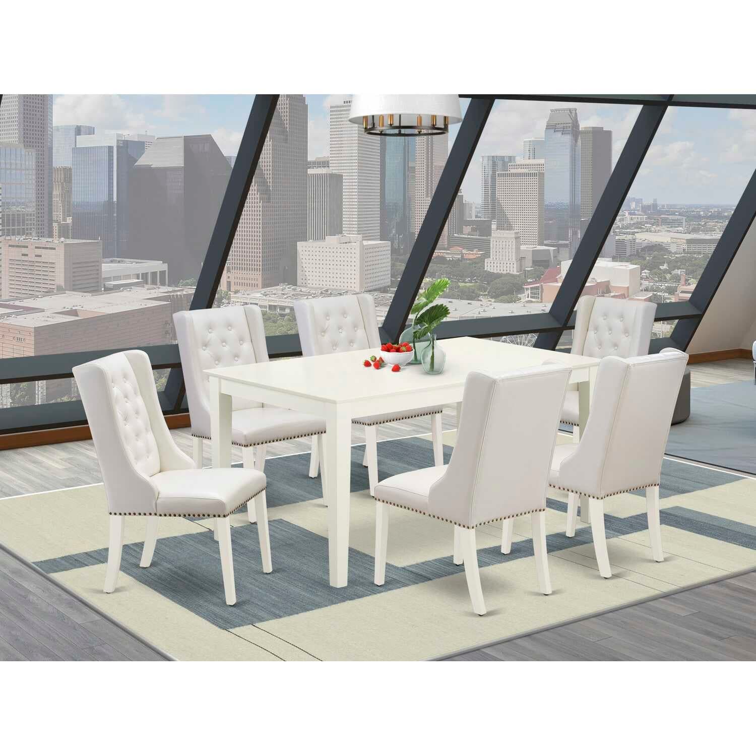 HomeStock 7-Piece Rectangle Linen White Finish Solid Wood Top Dining Table with 6 Chairs