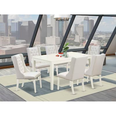 HomeStock 7-Piece Rectangle Linen White Finish Solid Wood Top Dining Table with 6 Chairs