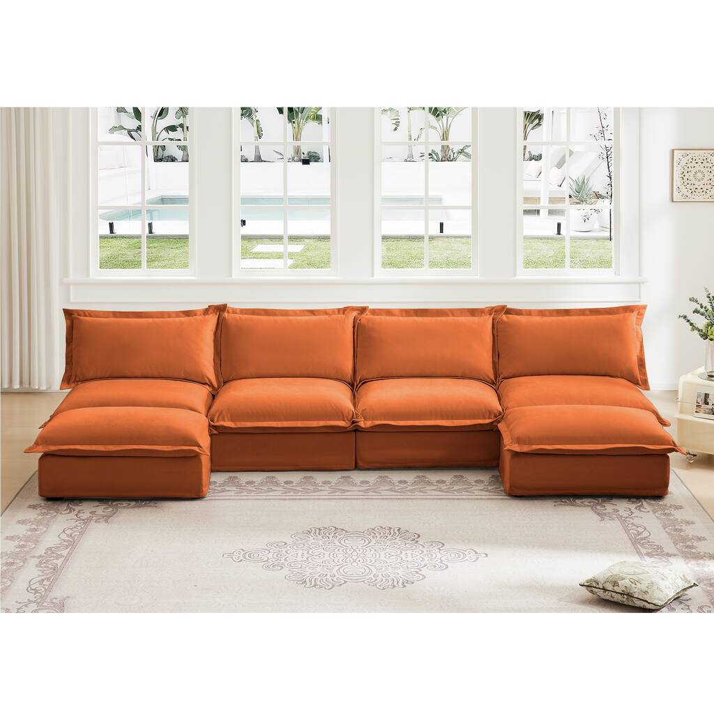 Slipcovered U-Shape 4-Seater Armless Sectional Cocuh with Reversible Ottoman