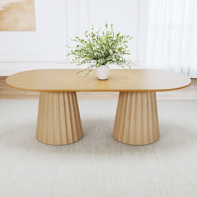 86" Modern Oval Dining Table Set with 8 Upholstered Chairs Textured Wood Top & Dual Pleated Pedestal Base