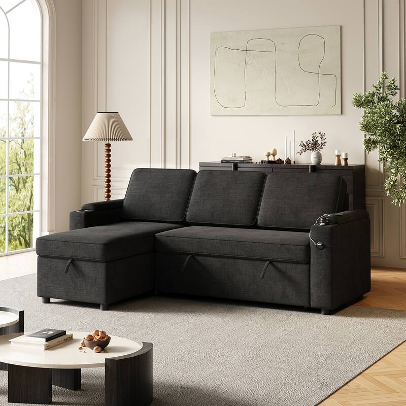 MH85.8" Sleeper Sofa, Sofa Bed - 2 in 1 Pull Out Sofa Bed with Storage Sofa with Charging Port