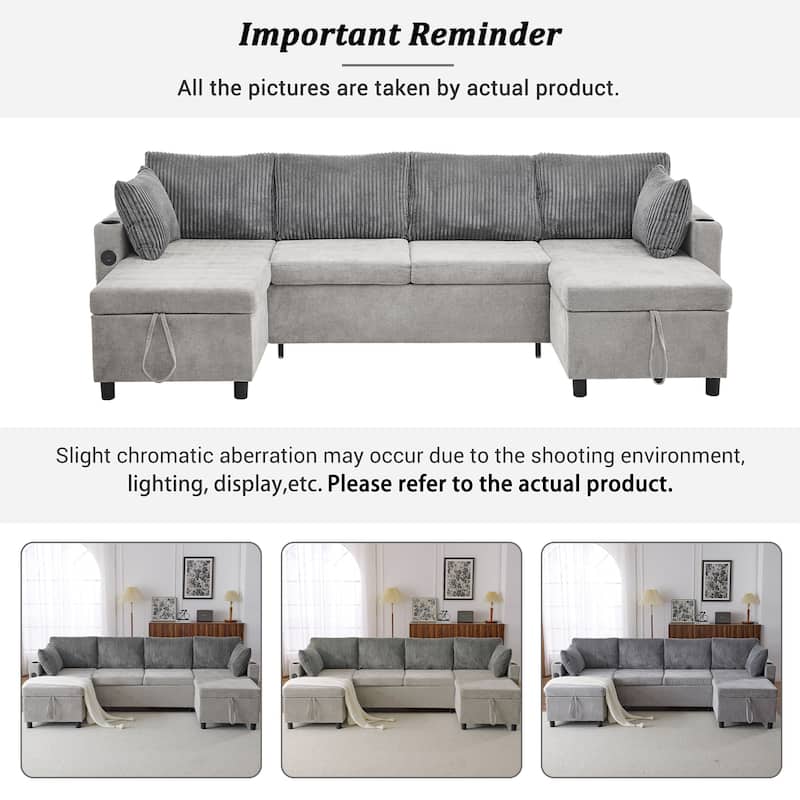 113.4" Sectional Sofa Pull-out Sofa Bed with Storage Space,Two USB Ports and Cup Holders