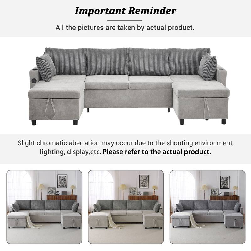 Multifunctional Sectional Sofa Bed with Pull-Out Sleeper, Dual Storage Chaises, USB Ports and Cup Holders for Living Room