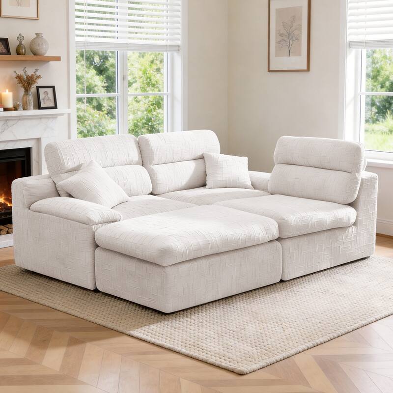 111" L-Shaped Slub Chenille Sofa with High Backrest, No Assembly Required