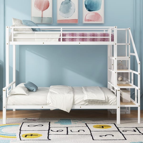 slide 2 of 10, Twin over Full Size Bunk Bed Frame,Versatile Metal Bunk Bed with Storage Staircase and Built-in Wardrobe,No Box Spring Needed White - Full