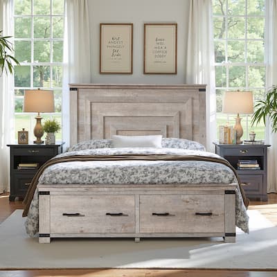 Farmhouse Queen Size Bed Frame w/ 54" Tall Headboard & 2 Large Drawers